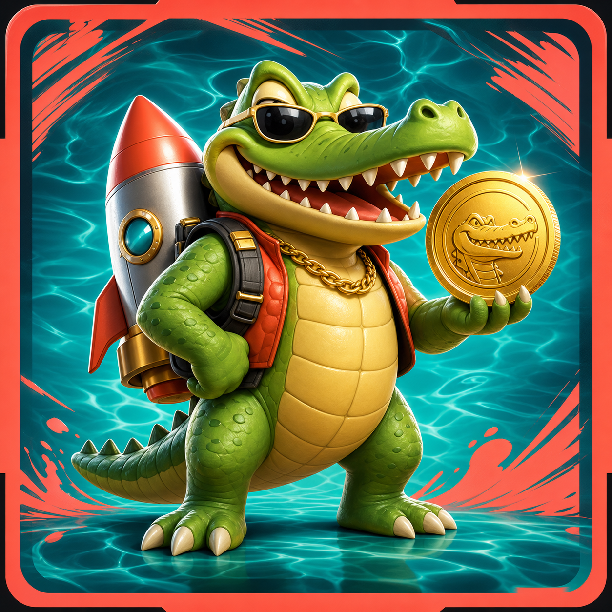 Cartoon crocodile mascot holding a gold coin